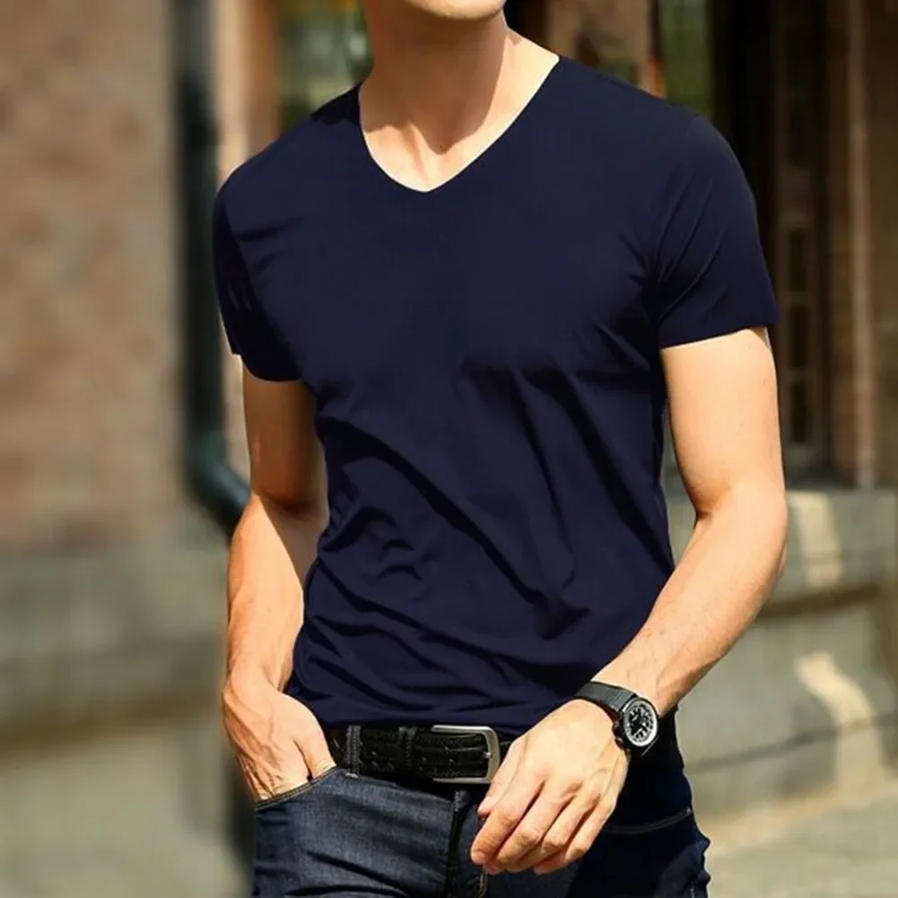 Mens Clothing Classic Japan Short Sleeve Men's Ice Silk Comfortable Trackless T-shirt V-neck Slim Short Sleeve T-shirts For Men - Image 2