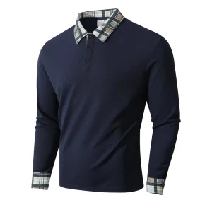 Autumn New Fashion Men's Spliced Casual Trendy Simple Basic Turn-down Collar Long Sleeve Button Pullover Polo Shirts Male Tops