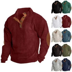 Men Spliced Pullover Shirts Stand Collar Shirt Long Sleeve Casual Shirts Loose Buttons 2025 Vintage Autumn Slight Strech