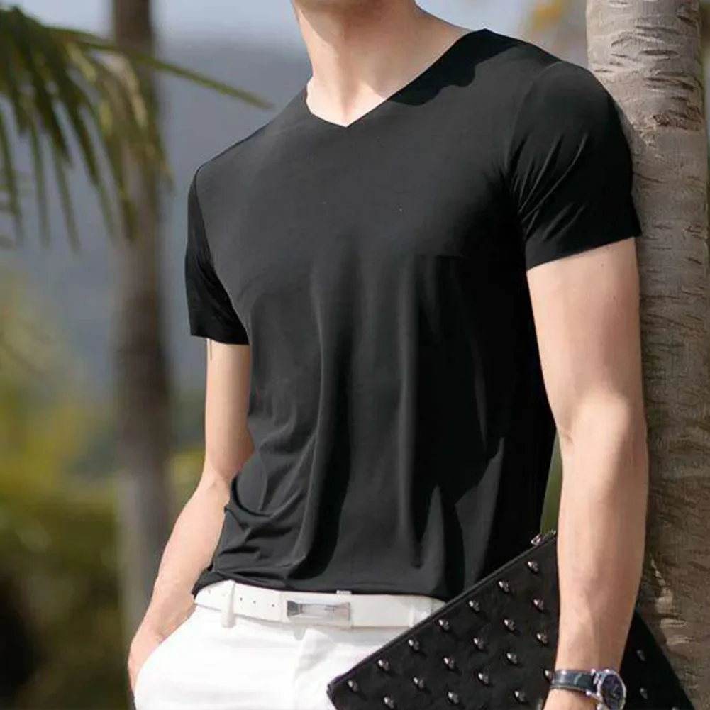 Mens Clothing Classic Japan Short Sleeve Men's Ice Silk Comfortable Trackless T-shirt V-neck Slim Short Sleeve T-shirts For Men - Image 4