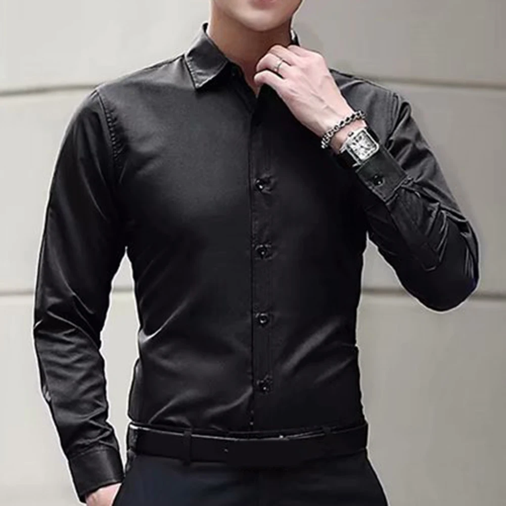 Men\'s Long Sleeve Drill Shirt Button Closure Business Casual Formal Shirt Wrinkle Resistant for Work Social Events